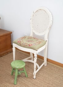 Olivia Newton-John | Needlepoint Side Chair and Green Painted Stool
