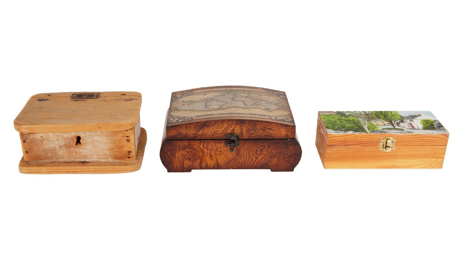 Olivia Newton-John | Decorative Boxes: A group of three; all made of wood; the first with an image of a map on its lid; the second with a hand-painted image of a street in County Kildare, Ireland on its lid; the third rustic in style with