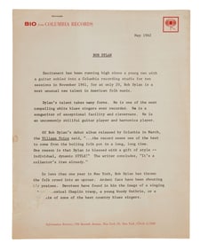Bob Dylan | Original May 1962 Columbia Records Press Release Bio