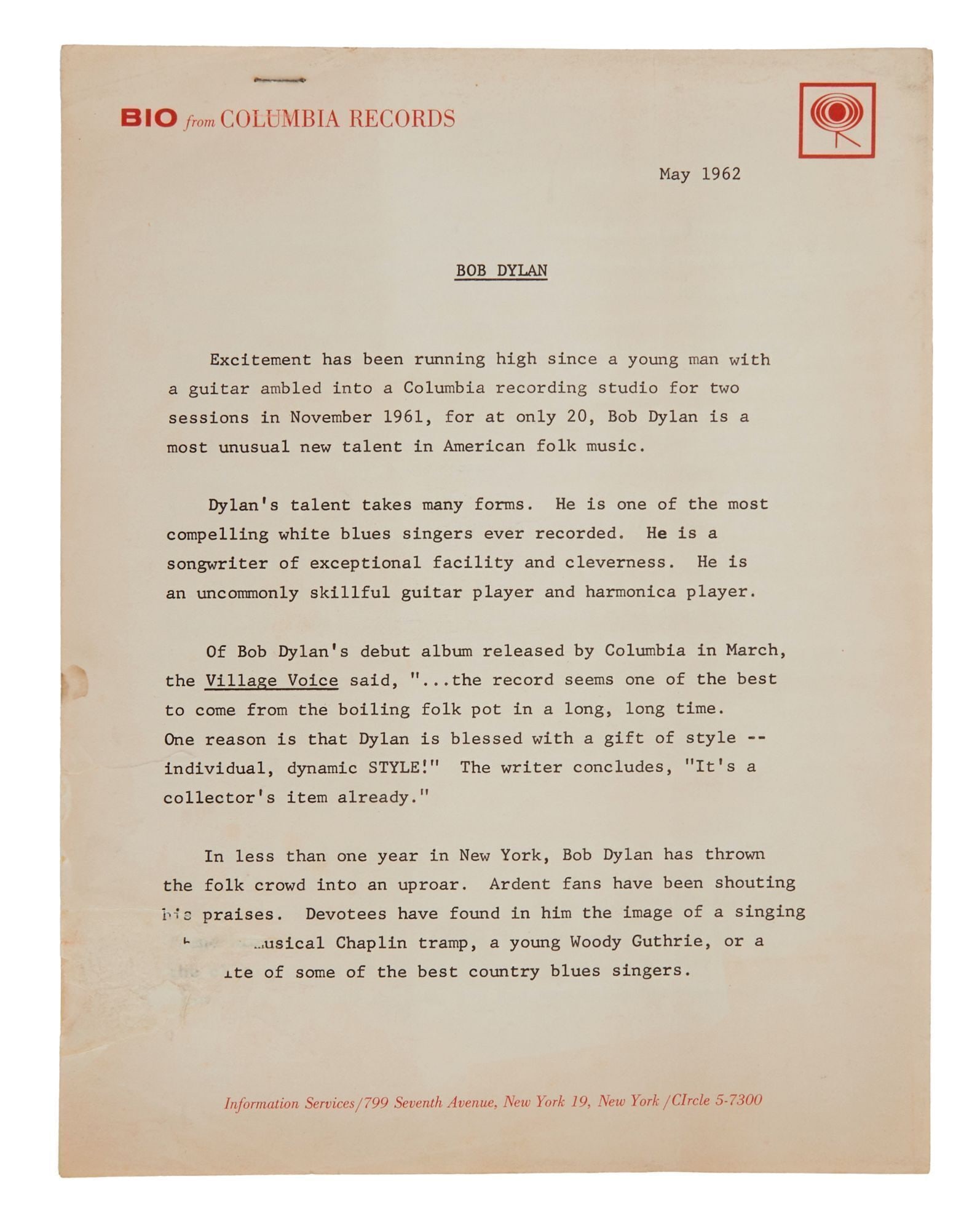 Bob Dylan | Original May 1962 Columbia Records Press Release Bio: A four page typed "Bio from Columbia Records" dated May 1962 containing an early biographical profile of their new artist, Bob Dylan, who had released his debut album just two months prior. The bio be