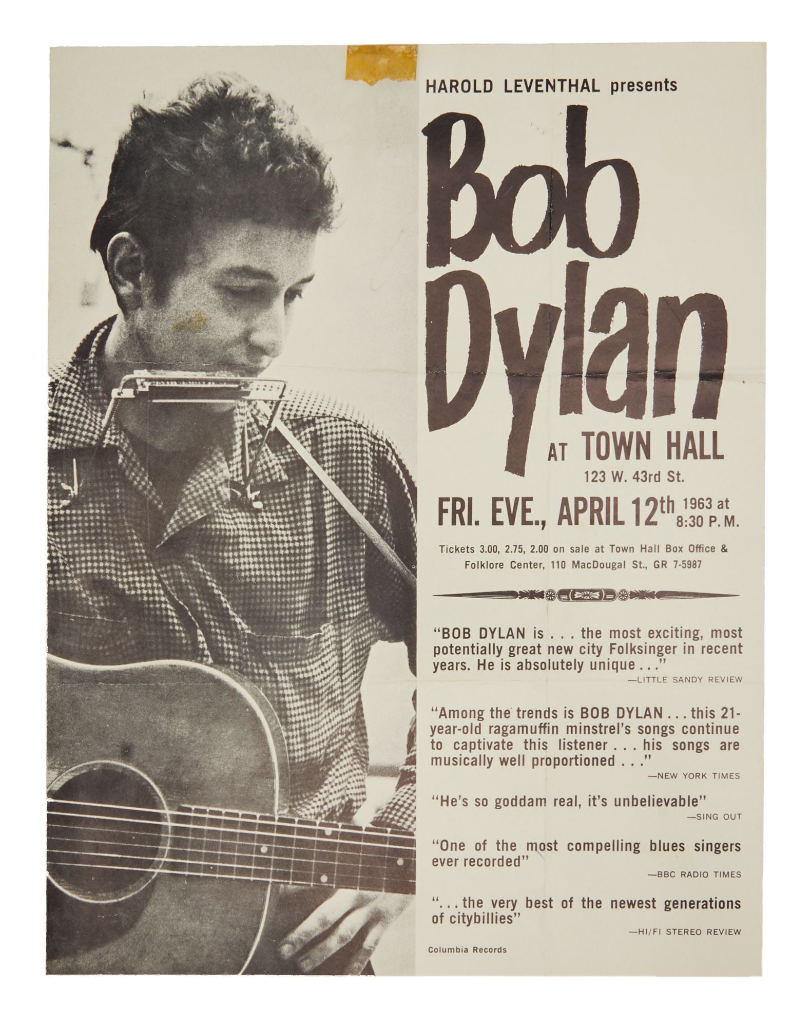Bob Dylan | April 1963 Town Hall First Solo Performance Handbill: A handbill for Bob Dylan's first major solo concert headlining at New York's Town Hall, presented by Harold Leventhal. Prior to this show Dylan played small venues and clubs, nothing compared to this