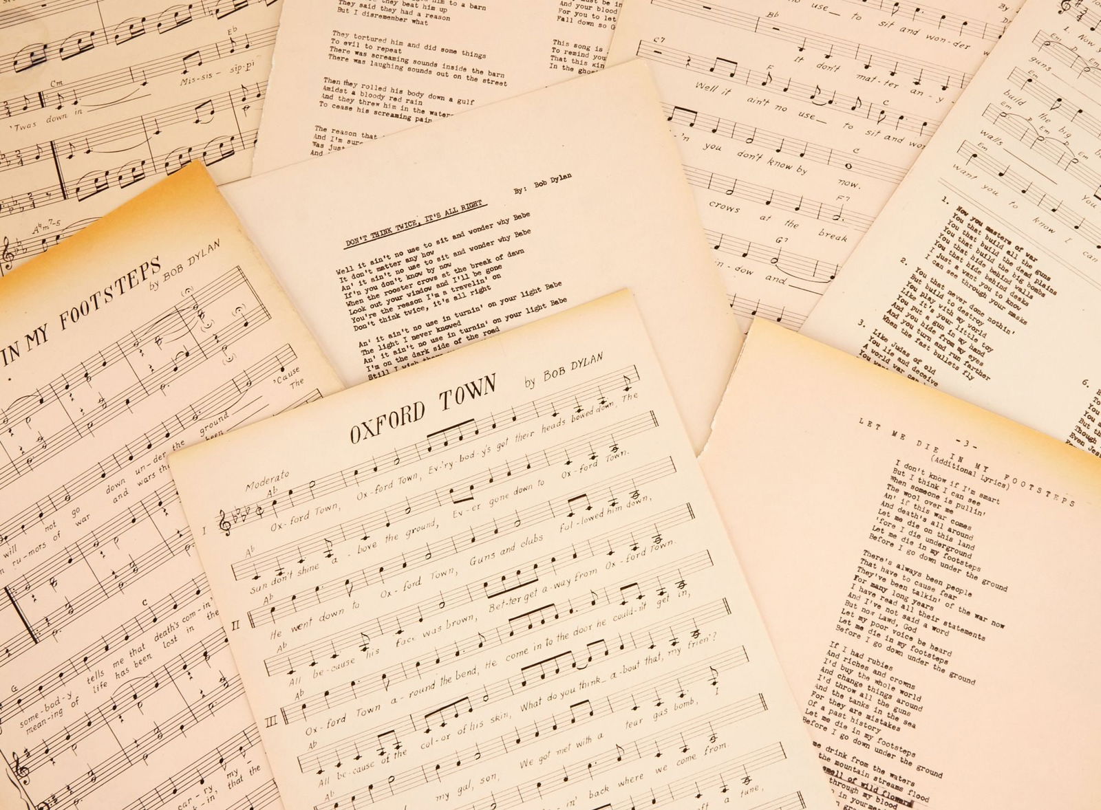 Bob Dylan | 1963 M. Witmark & Sons Sheet Music For Five Early Songs: A group of vintage sheet music all dated 1963 by M. Witmark & Sons, for five early Dylan songs, three with associated lyric sheets. The songs include: "Masters of War"; "Oxford Town"; "Don't Think Twi
