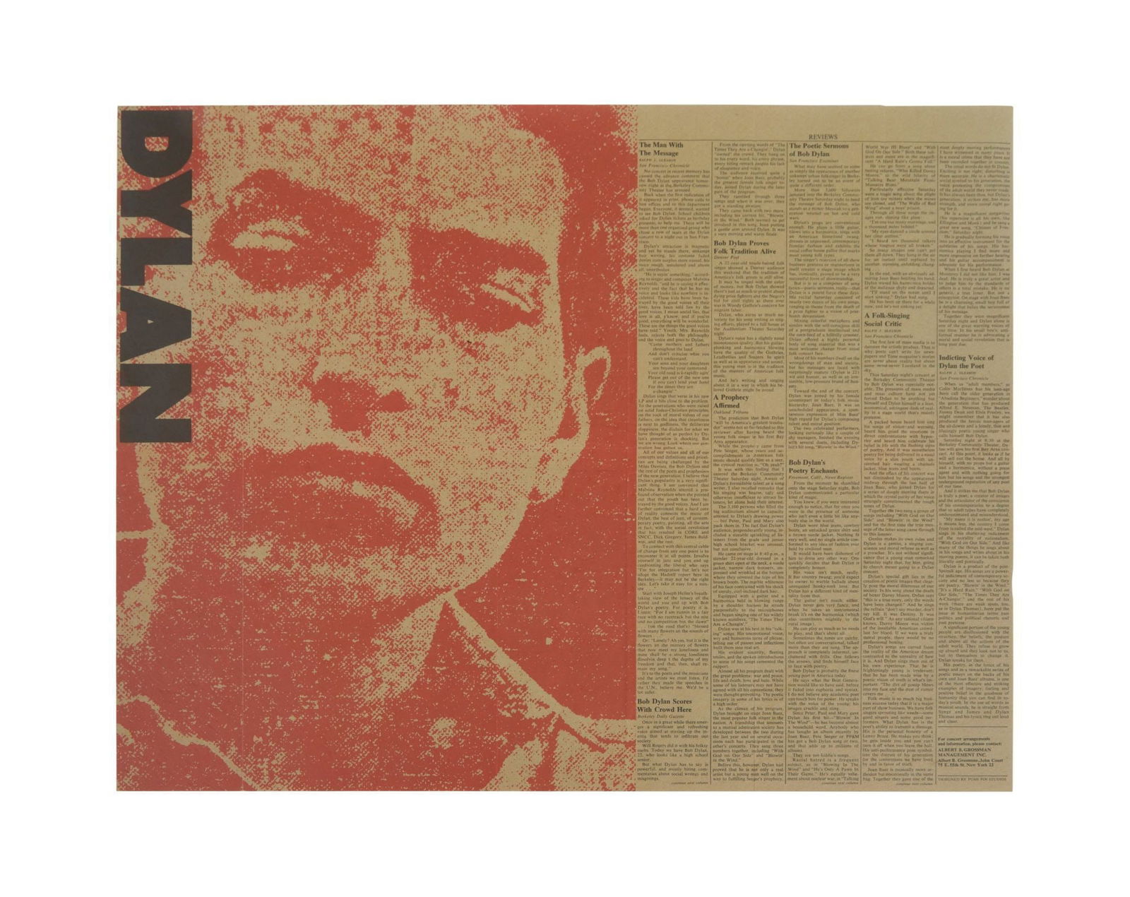 Bob Dylan | Early Promo Poster: An exceptionally rare, promotional poster that features an orange graphic portrait of a young Dylan opposite reviews from the San Francisco Chronicle; the Oakland Tribune; the Fremont California, News