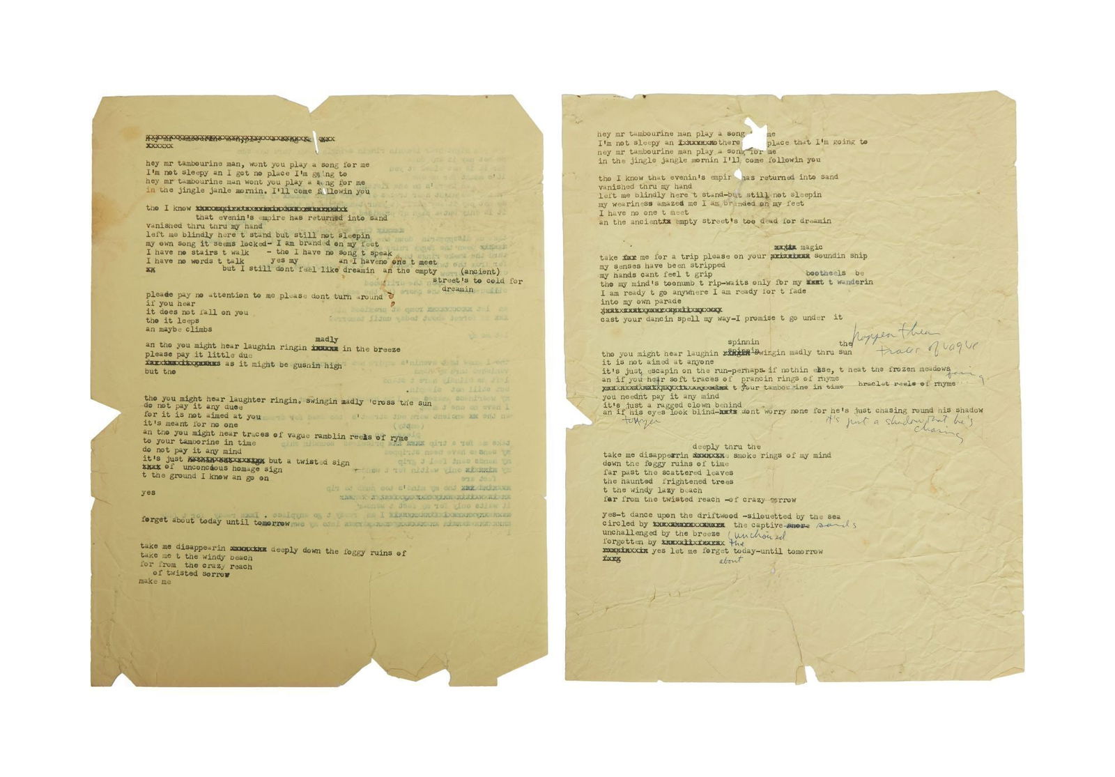Bob Dylan | Three Progressive Drafts of "Mr. Tambourine Man" Working Lyrics - One Annotated: Two leaves of yellow paper containing three pages of authorial typescript lyrics comprising three progressive drafts of "Mr. Tambourine Man" with annotations in Bob Dylan's hand on the third draft of