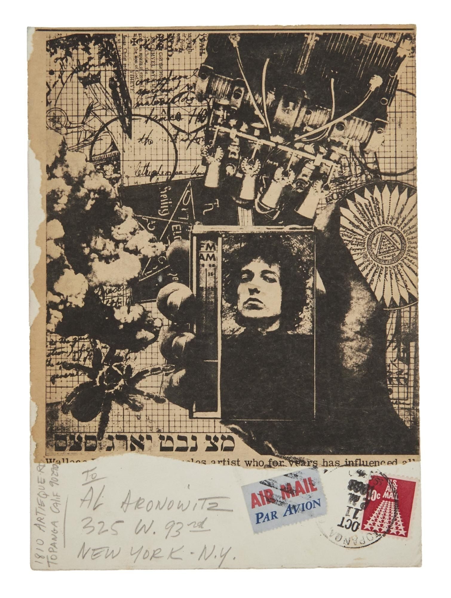 Bob Dylan | Featured On Wallace Berman Postcard To Al Aronowitz: An original piece of mail art by Wallace Berman (1926-1976) featuring a Berman graphic on thick card stock, that incorporates some of his signature motifs including Hebrew letters, and a transistor ra