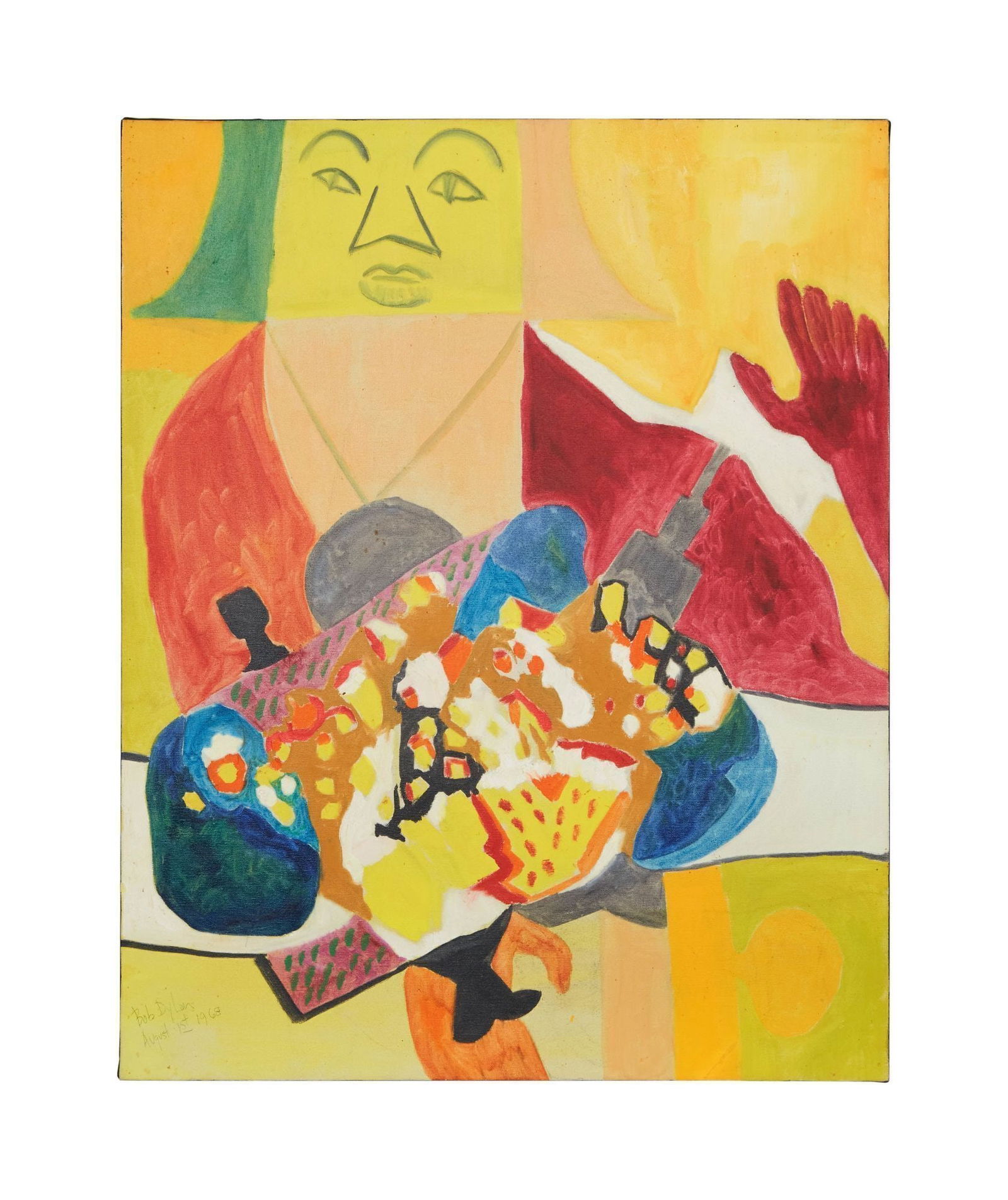 Bob Dylan | Original 1968 Oil On Canvas Painting: An untitled original oil on canvas painting by Bob Dylan, signed and dated in lower left in pen, Bob Dylan August 1st, 1968, stretched but unframed. The figural painting was executed at the very incep