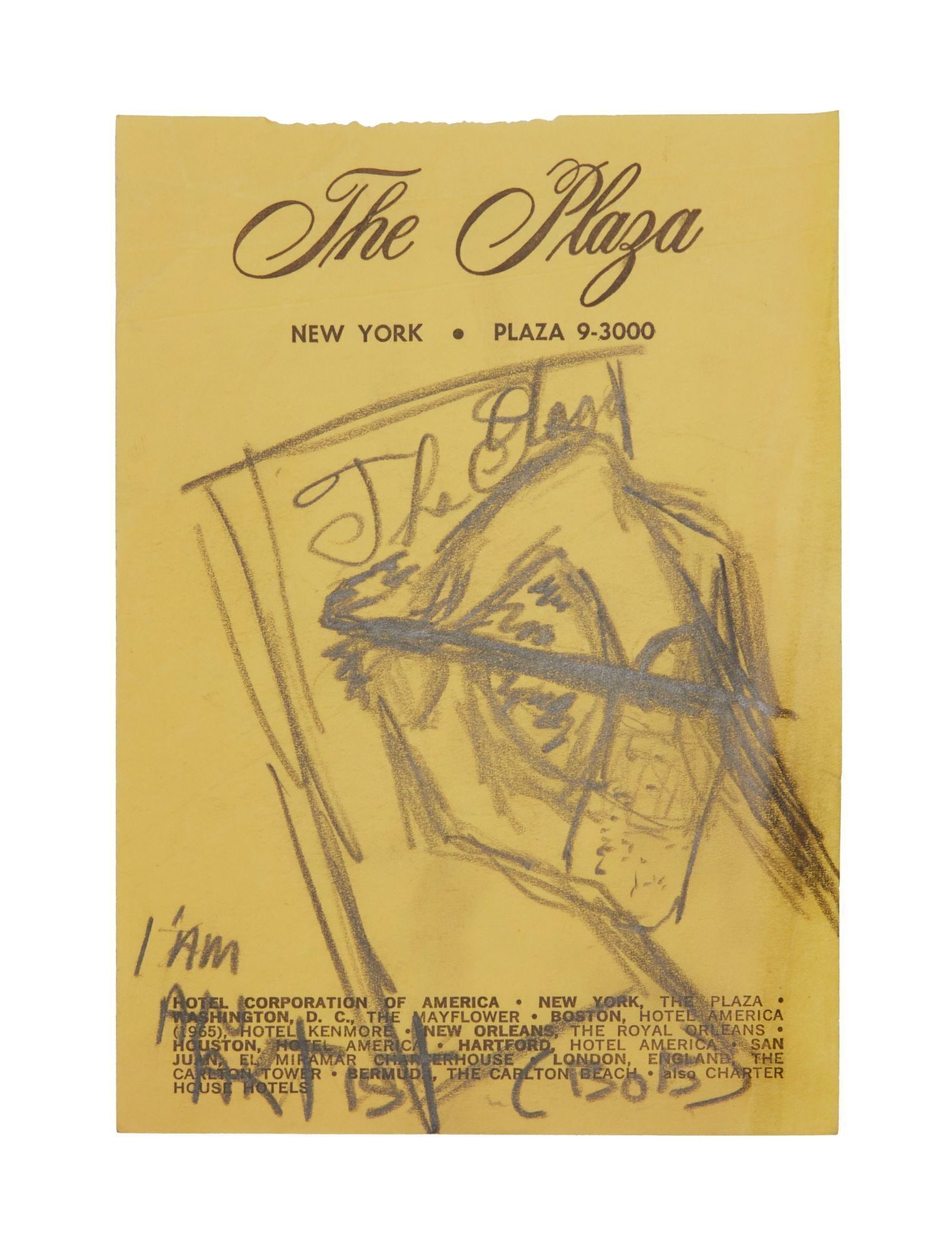 Bob Dylan | Original Pencil Sketch Of A Hand On Plaza Hotel Memo Pad: A yellow pages torn from a memo pad from The Plaza hotel in New York city. The pencil drawing, in the hand of Bob Dylan, is of a hand drawing something on a memo page from a Plaza memo pad. The drawin