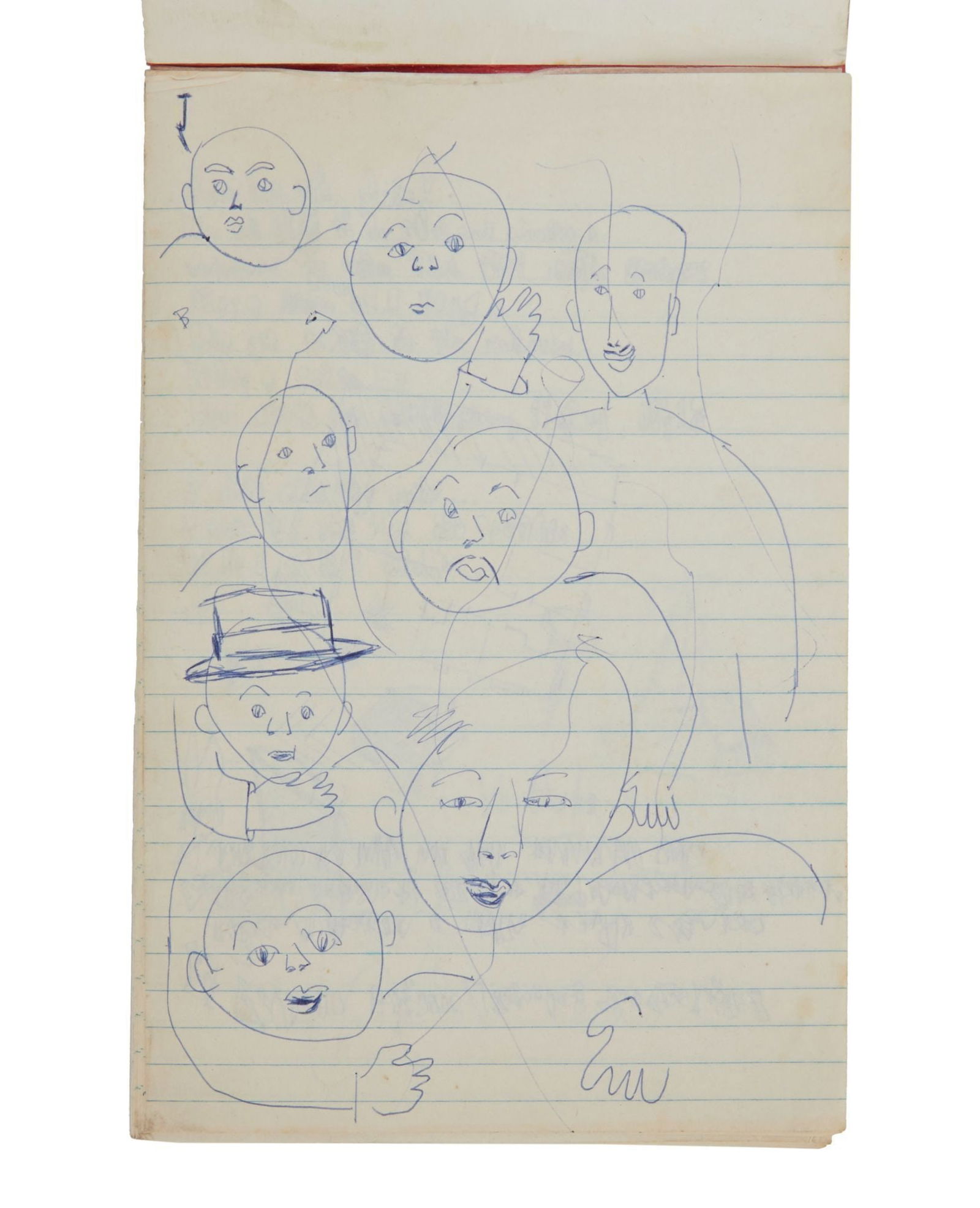 Bob Dylan | Original Ink Sketches On Writing Tablet: A Mohegan brand writing tablet with a single page filled with blue ballpoint pen doodles of faces in the hand of Bob Dylan. The verso of this page and the next page in the tablet contain fourteen line