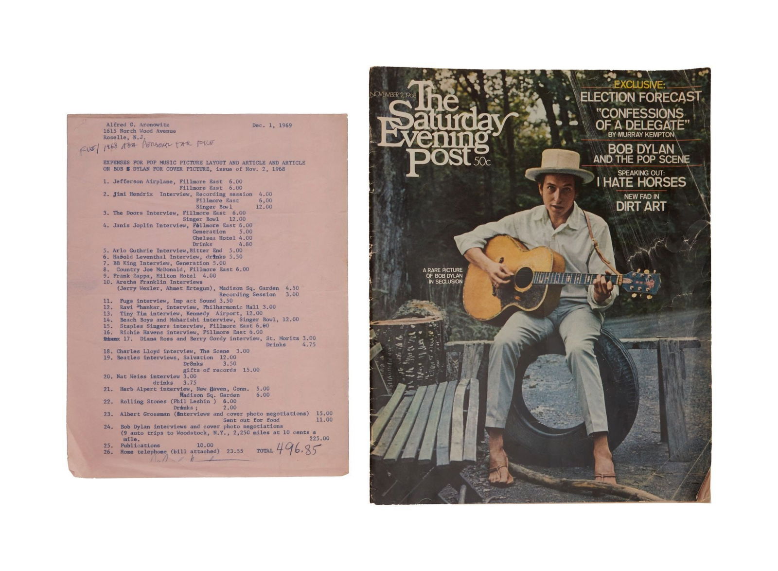 Bob Dylan | 1968 Saturday Evening Post With Aronowitz Expense Report: A copy of the November 2, 1968 issue of The Saturday Evening Post with cover article on Bob Dylan titled "Bob Dylan And The Pop Scene: A Rare Picture Of Bob Dylan In Seclusion." Aronowitz pink carbon