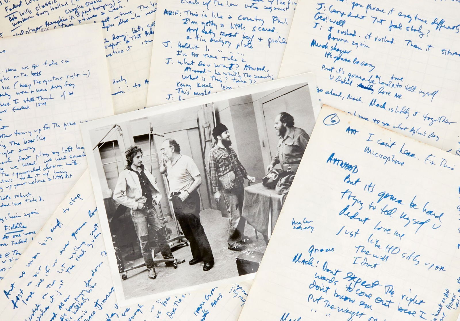 Bob Dylan | Al Aronowitz Notes Taken During 1972 Recording Session With Photo: Six pages of blank recording log forms taken from Atlantic Recording Studios in New York, and re-purposed by journalist Al Aronowitz for his own note taking during a 1972 recording session done in blu