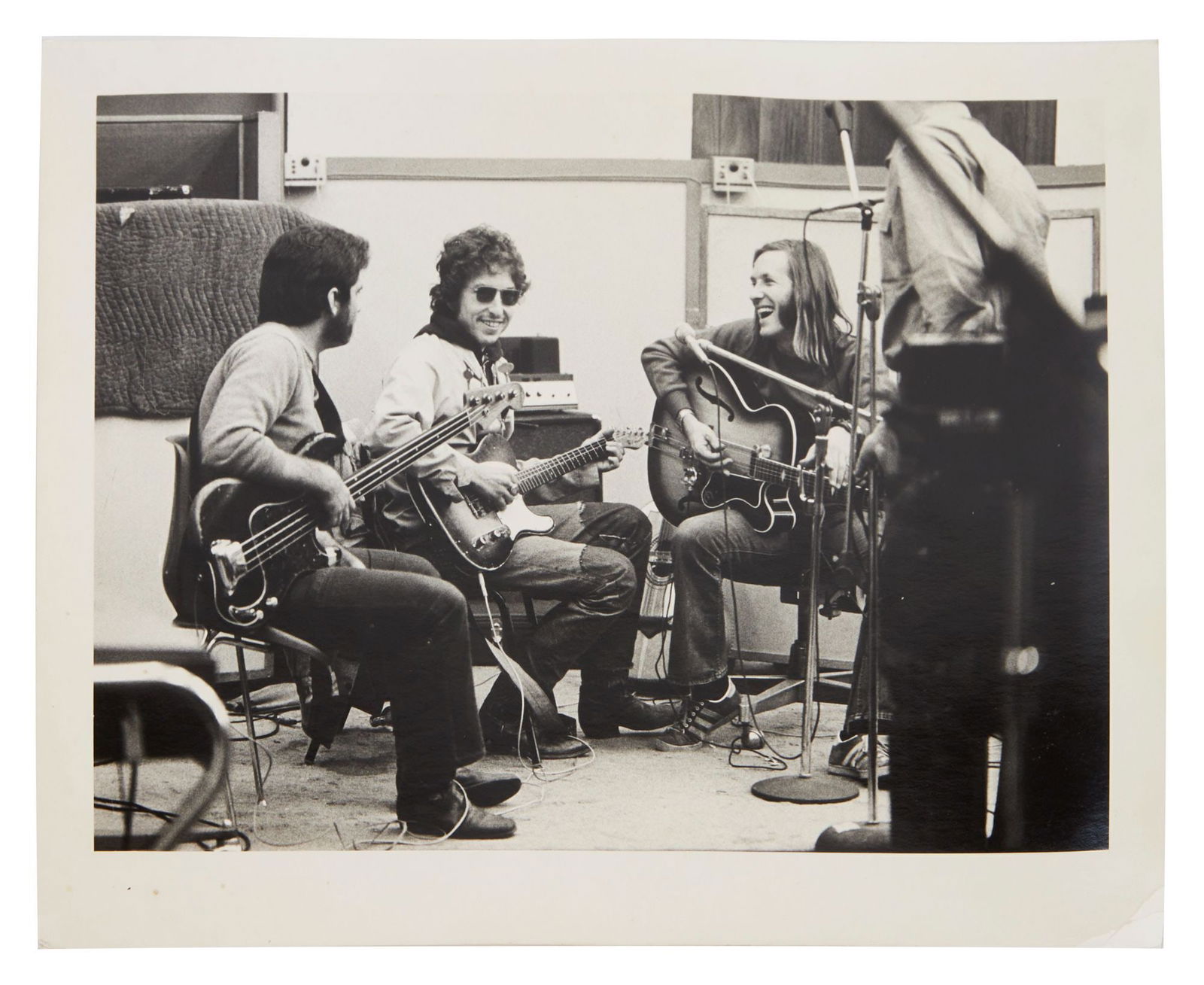 Bob Dylan | Doug Sahm Recording Session Photograph: A vintage black and white photograph of an Atlantic Records recording session printed on fiber based archival paper with photographer's stamp on verso. This recording session took place on October 11,