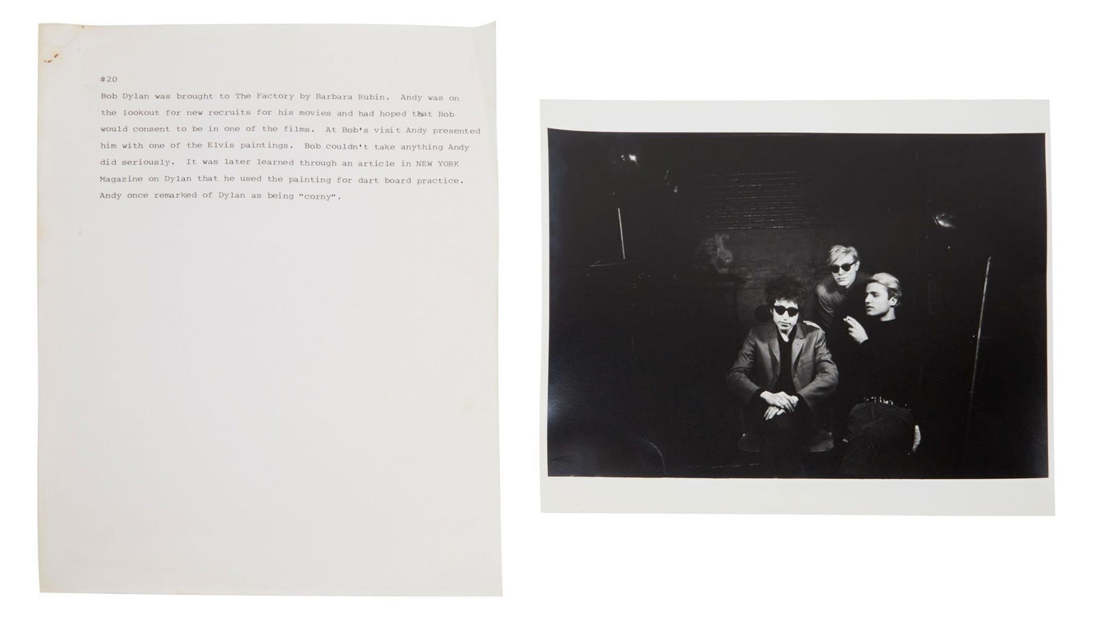 Bob Dylan | Nat Finkelstein Photograph Of A Visit To Warhol's Factory: A black and white silver gelatin photograph, printed in the 1980s by Warhol Factory photographer Nat Finkelstein as he was pitching his 1989 book Andy Warhol: The Factory Years 1964-1967 to potential