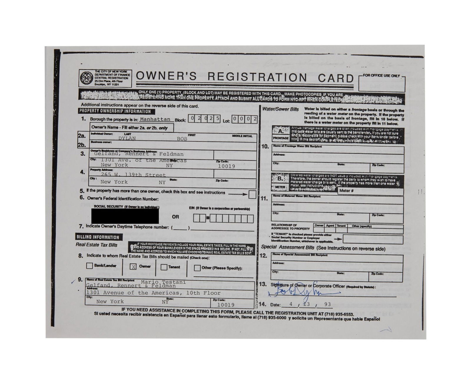 Bob Dylan | Signed Property Owner's Registration Card Document: A one page application document signed by Bob Dylan for a "City of New York Department of Finance Central Registration Owner's Registration Card". The double-sided form is completed with typed details