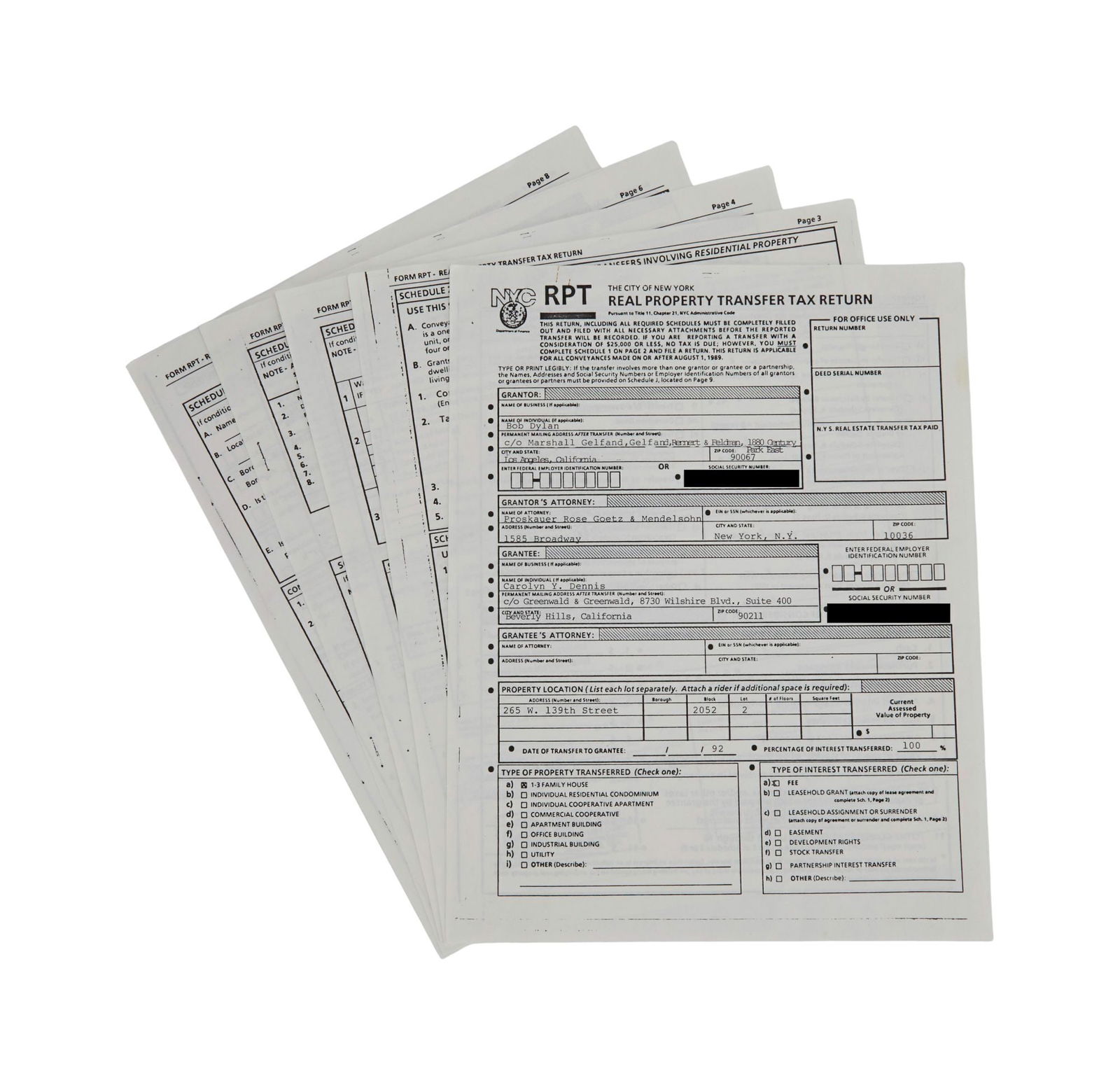 Bob Dylan | Signed Real Property Transfer Tax Return Document: A City of New York five-page application for a "Real Property Transfer Tax Return". The document is partially completed with typed details showing details of taxes payable for the transfer of a proper