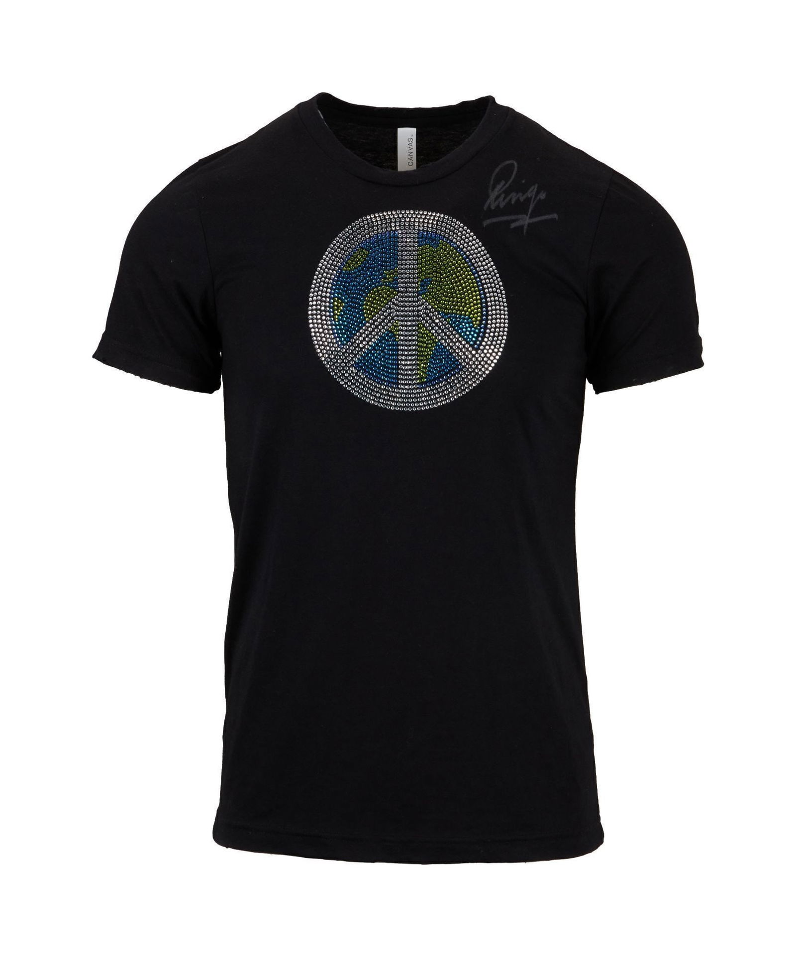 Ringo Starr | Signed Peace T-Shirt: A black, cotton-blend t-shirt with an embellished rhinestone globe/peace sign symbol on the front. Signed by Ringo Starr in white marker. Labeled "Canvas." Size S PROVENANCE Donated by Ringo Starr
