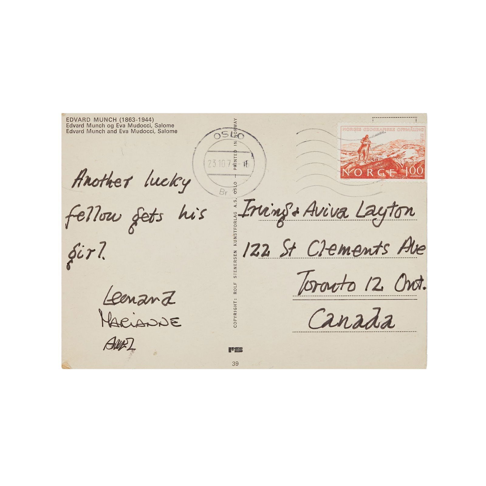 Leonard Cohen | Postcard to Aviva And Irving Layton