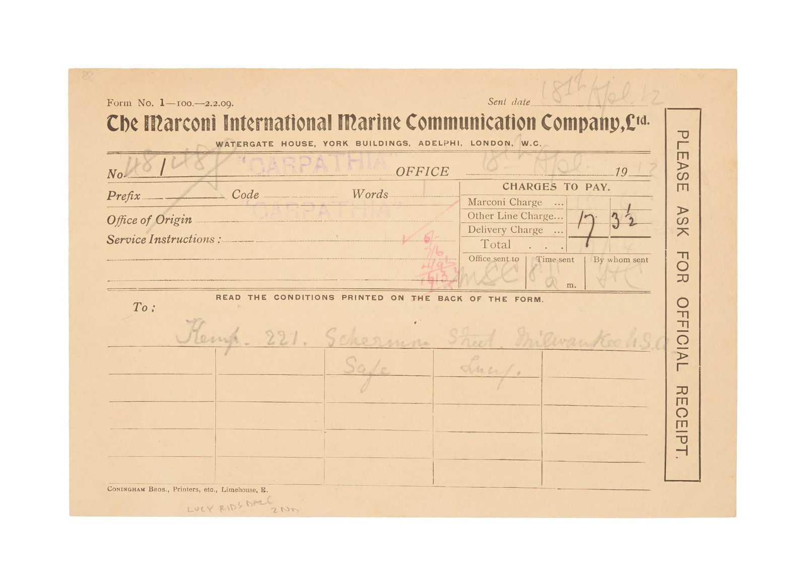 Titanic | Survivor Lucy Ridsdale "Safe" on The Carpathia Telegram (1 of 3)