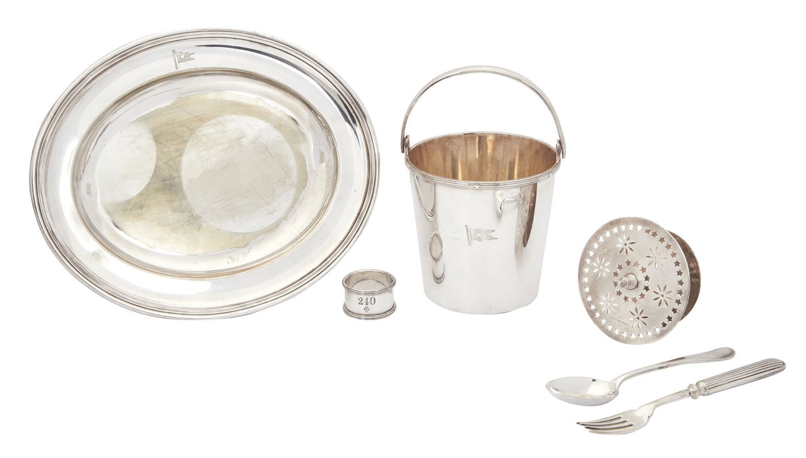 Titanic | White Star Line Serviceware Items: A collection of serviceware produced by Elkington & Co. for the White Star Line shipping company, famous for its luxury liner, Titanic which tragically sunk in 1912 on its maiden voyage. The silver-pl