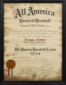 Babe Ruth | Signed 1934 All-America Baseball Team Lefty Gomez Membership Proclamation (JSA)