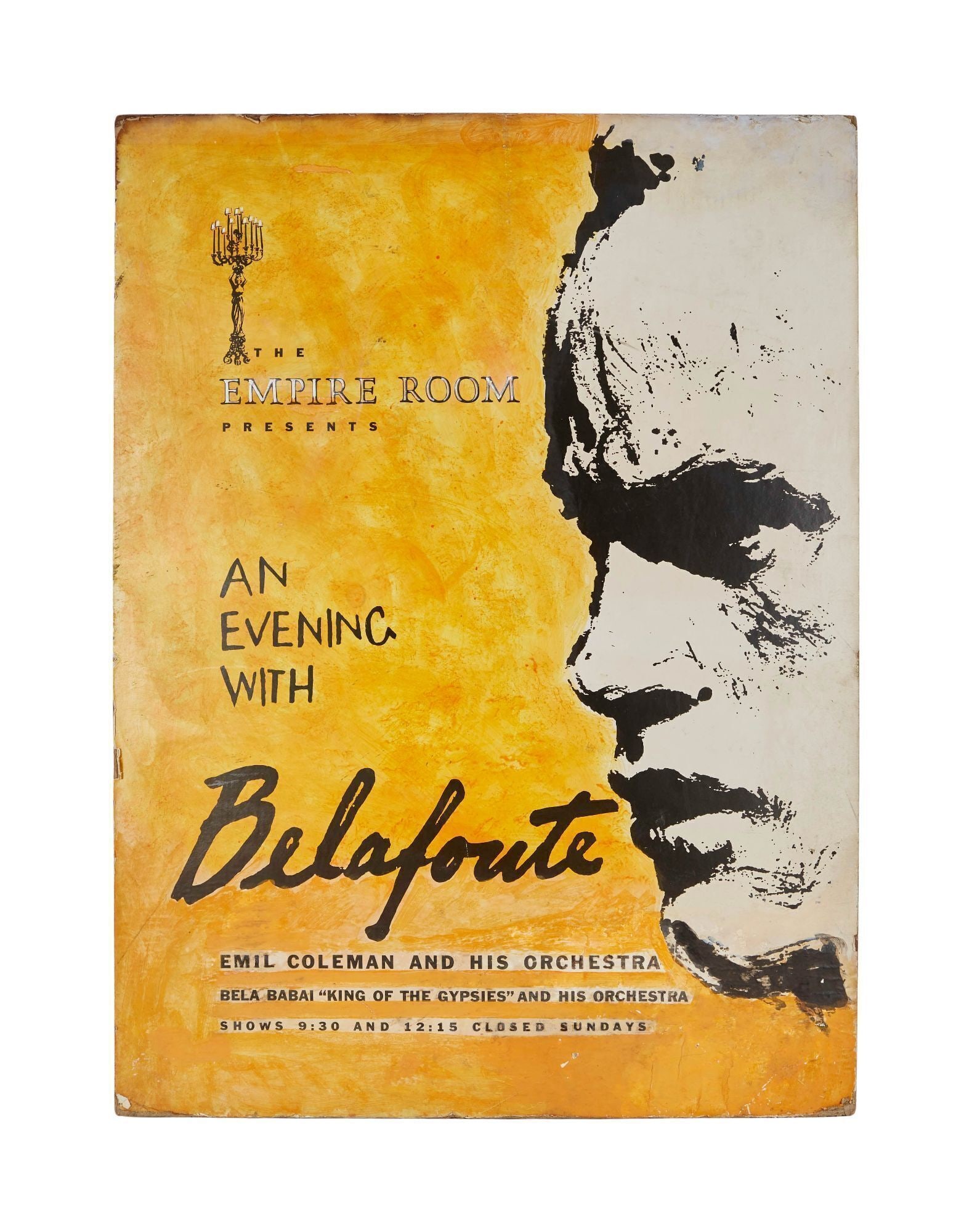 Harry Belafonte | An Evening with Belafonte, Empire Room: An original printed poster for "The Empire Room Presents: An Evening with Belafonte," with Emil Coleman and His Orchestra and Bela Babai "King of the Gypsies" and His Orchestra. The poster, from circa