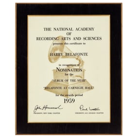 Harry Belafonte | "Belafonte at Carnegie Hall" 1959 Grammy Nomination Plaque