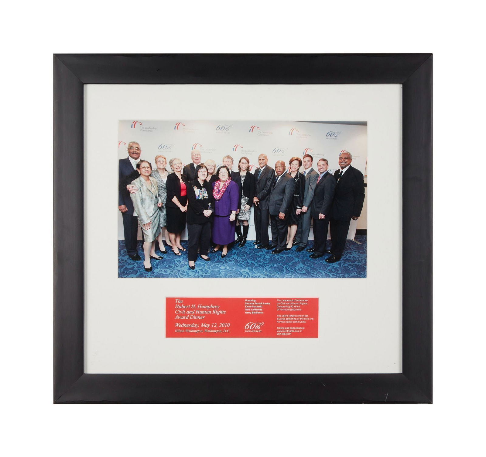 Harry Belafonte | Human Rights Award Dinner Photo with John Lewis and Award Winners: A framed photograph of Harry Belafonte with John Lewis, Senator Patrick Leahy, Karen Narasaki, and Gara Lamarche, the latter three fellow honorees at The Hubert H. Humphrey Civil and Human Rights Awar