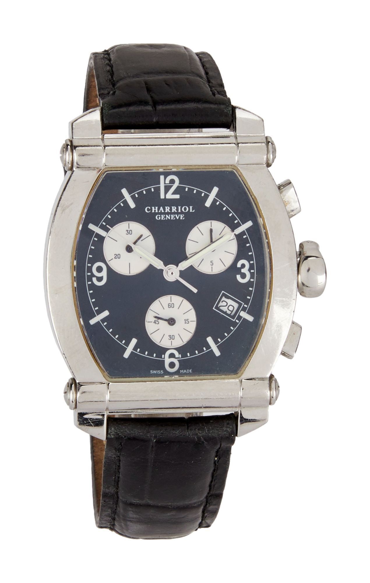 Harry Belafonte | Charriol "Columbus" Stainless Steel Wristwatch: Quartz movement, with black tonneau-shaped dial, three subsidiary dials and window for date, luminescent hands and chapters, within a sculpted stainless steel case, and joined to a black leather strap