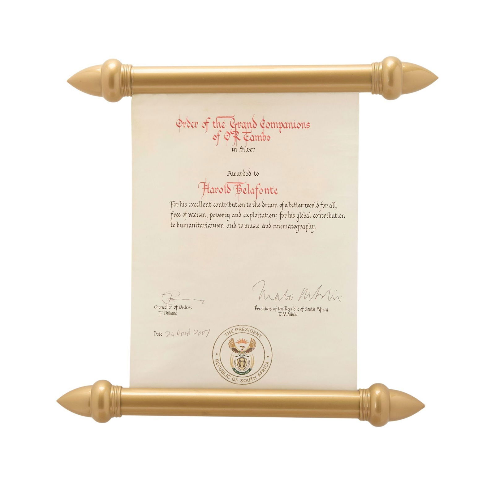 Harry Belafonte | Thabo Mbeki Signed the Grand Companion of O.R. Tambo Scroll (1 of 5)