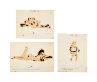 Playboy | LeRoy Neiman Set of Three October 1955 Drawings of Prototype Femlins
