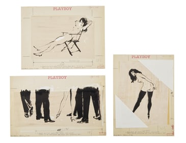 Playboy | LeRoy Neiman Set of Three April 1956 Drawings of Prototype Femlins