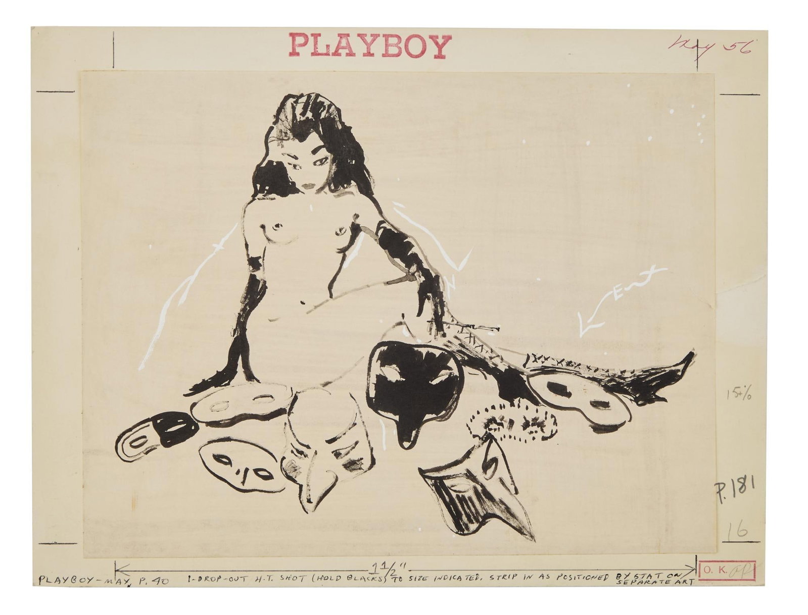 Playboy | LeRoy Neiman May 1956 Drawing of a Prototype Femlin: LeRoy Neiman (American, 1921-2012) ink, watercolor and gouache on paper drawing of a prototype Femlin, mounted to Playboy stamped annotated manila paper. Unframed. Neiman did not regularly sign these 