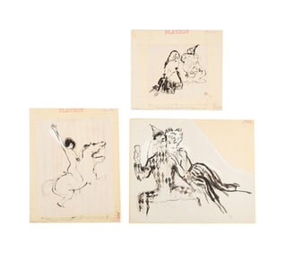 Playboy | LeRoy Neiman Set of Three August 1956 Drawings of Prototype Femlins