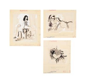 Playboy | LeRoy Neiman Set of Three December 1956 Christmas Themed Drawings of Prototype Femlins