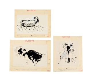 Playboy | LeRoy Neiman Set of Three Drawings of Prototype Femlins Celebrating the New Year