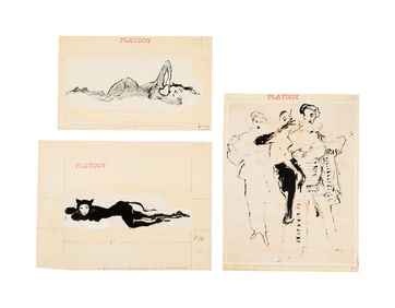Playboy | LeRoy Neiman Set of Three February 1957 Drawings of Prototype Femlins