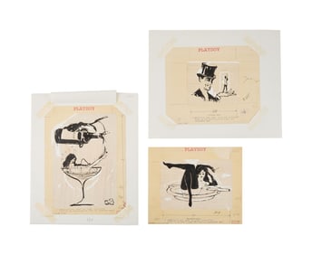 Playboy | LeRoy Neiman Set of Three July 1957 Drawings of Prototype Femlins with Champagne and
