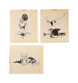 Playboy | LeRoy Neiman Set of Three Drawings of Femlin Celebrating the New Year 1959