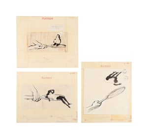 Playboy | LeRoy Neiman Set of Three Drawings of Femlin with Tennis Racquets