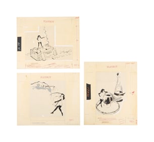 Playboy | LeRoy Neiman Set of Three October 1960 Drawings of Femlin with Liqueur