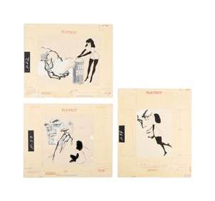 Playboy | LeRoy Neiman Set of Three November 1960 Drawings of Femlin with Shaving Foam