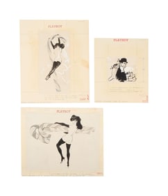 Playboy | LeRoy Neiman Set of Three December 1960 Drawings of Femlin with Candy Canes
