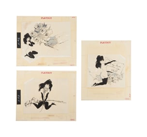 Playboy | LeRoy Neiman Set of Three Drawings of Femlin with Valentine's Day Roses