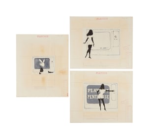 Playboy | LeRoy Neiman Set of Three Drawings of Femlin watching Playboy Penthouse Television