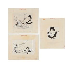 Playboy | LeRoy Neiman Set of Three Drawings of Femlin with a Carved Thanksgiving Turkey