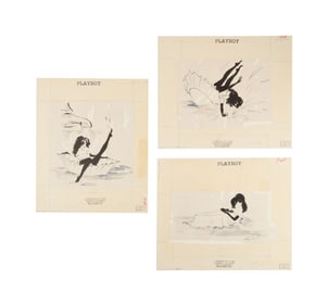Playboy | LeRoy Neiman Set of Three Drawings of Femlin Playing in Cupcake Liners