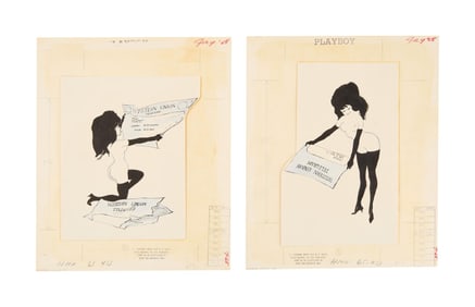 Playboy | LeRoy Neiman Set of Two Drawings of Femlin Reading a Telegram