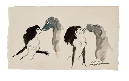 Playboy | LeRoy Neiman Drawings of Femlin Kissing a Dog