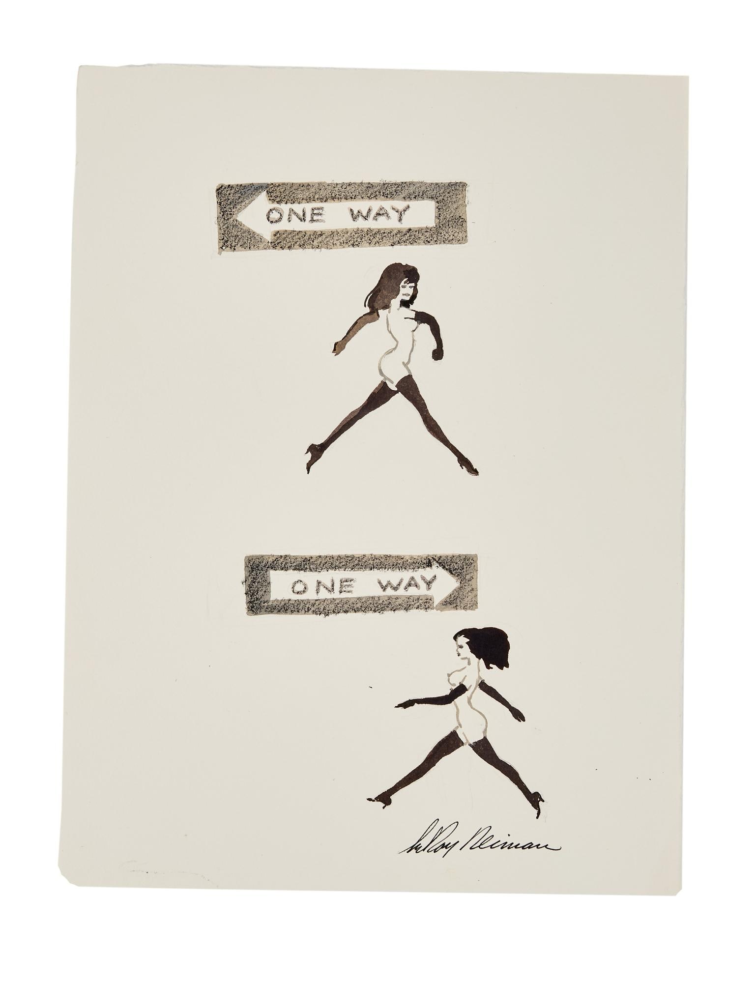 Playboy | LeRoy Neiman Drawings of Femlin with a One Way Sign (1 of 2)