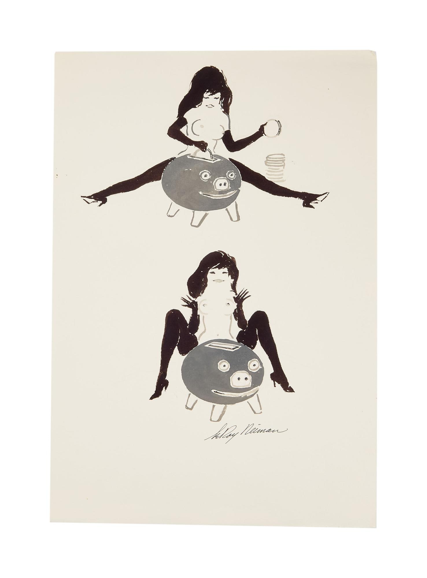 Playboy | LeRoy Neiman Drawings of Femlin with a Piggy Bank (1 of 3)