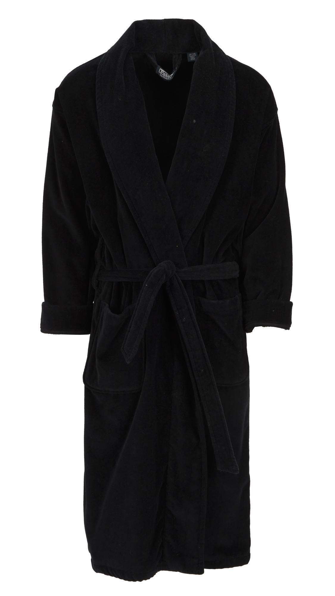 Harry Belafonte | Polo Bathrobe with Photo: A black cotton velour bathrobe with self-tie belt from the wardrobe of Harry Belafonte. A Polo by Ralph Lauren label is present. One size. Accompanied by an image of Belafonte backstage with a s